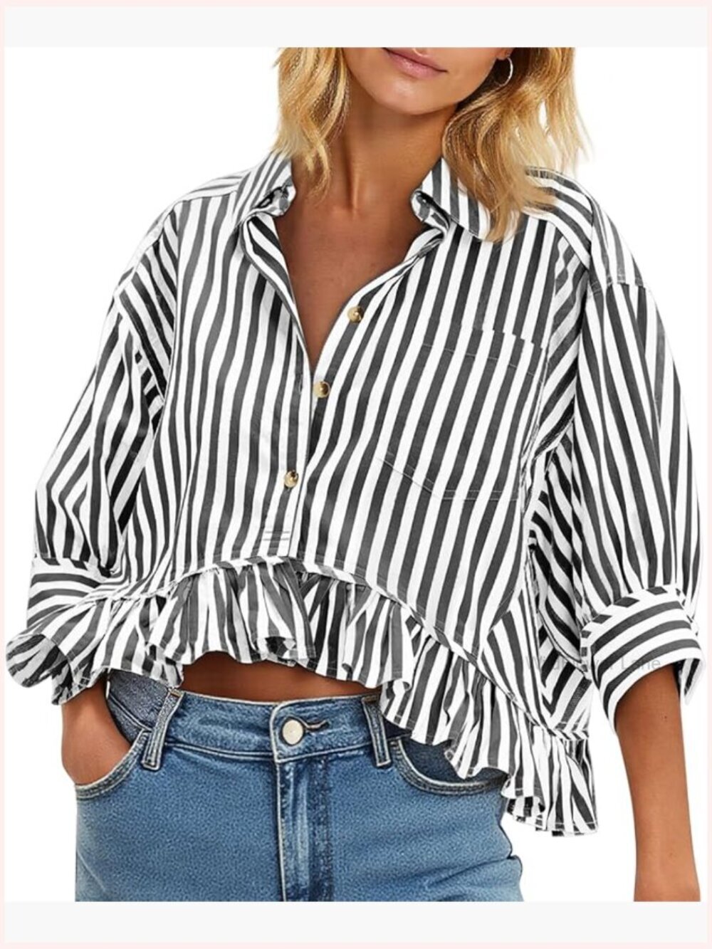 Cropped Striped Button Down Blouse Ruffle 3/4 Sleeve